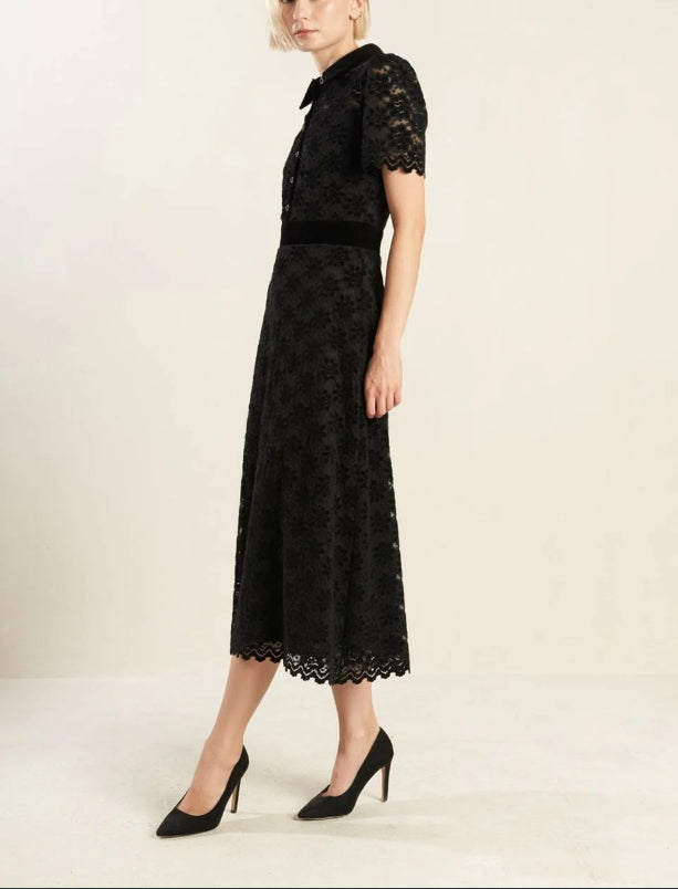 Evening Dress Lace Dress Featuring Shirt Collar Bodice Button Down Short Sleeve Back Zipper Closure Black Formal Dress