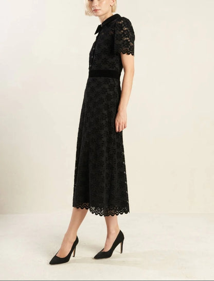 Evening Dress Lace Dress Featuring Shirt Collar Bodice Button Down Short Sleeve Back Zipper Closure Black Formal Dress