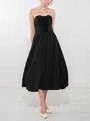 Evening Dress Strapless Center Rosette Full Skirt Back Zipper Closure Backless Black Formal Dress