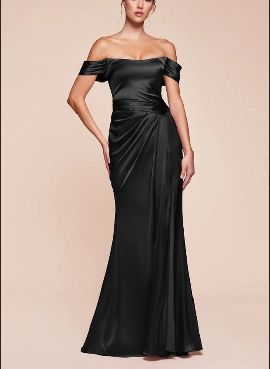 Evening Dress Fitted Luxe Satin Gown Sweetheart Off The Shoulder Gathered Hipline Leg Slit Back Lace-up Corset Black Formal Dress