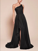 Evening Dress One Shoulder Flowing Asymmetrical Skirt Open Back Adjustable Asymmetrical Strap Side Fork Black Formal Dress