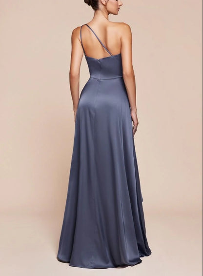 Evening Dress One Shoulder Flowing Asymmetrical Skirt Open Back Adjustable Asymmetrical Strap Side Fork Black Formal Dress