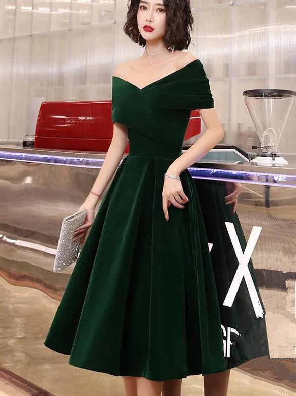 Green Velvet Off Shoulder Vintage Style Bridesmaid Dress, Tea Length Party Dress