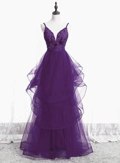 Beautiful Purple Tulle Layers with Lace Long Evening Dresses, Purple Prom Dress Party Dresses