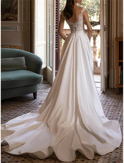 V Neck Off Shoulder Sleeveless Chapel Train Satin Bridal Gowns With Pleats Ruched Wedding Dresses