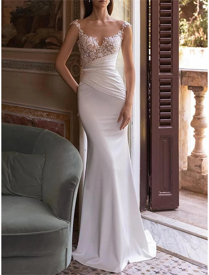 Wedding Dresses Ball Gown Off Shoulder V Neck Pleats Sleeveless Chapel Train Satin Bridal Gowns