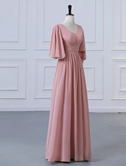 A-Line Bridesmaid Dress V Neck Half Sleeve Elegant Floor Length Chiffon with Pleats / Ruffles