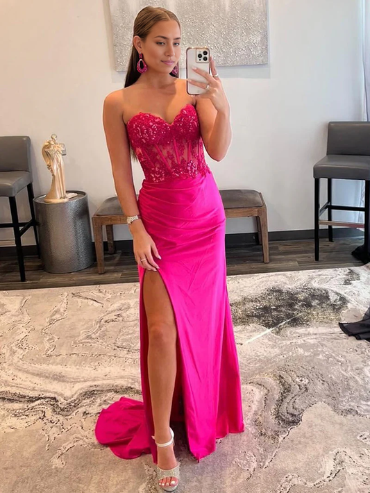 Prom Dress Sheath Strapless Sweetheart Long with Slit