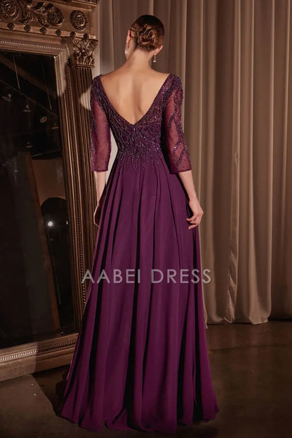 AABEI DRESS Formal Wear Dresse Elegant A Line V Neck 3/4sleeves Fashion Long Mother Of The Bride Dress