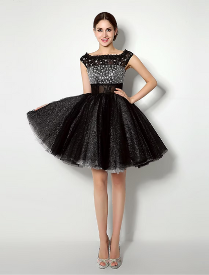 Ball Gown Fit & Flare Little Black Dress Dress Cocktail Party Short / Mini Sleeveless Bateau Neck Tulle with Lace Sash / Ribbon Pleats