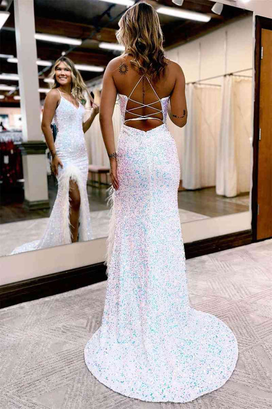 Prom Dress Mermaid V Neck Sequins Long with Slit