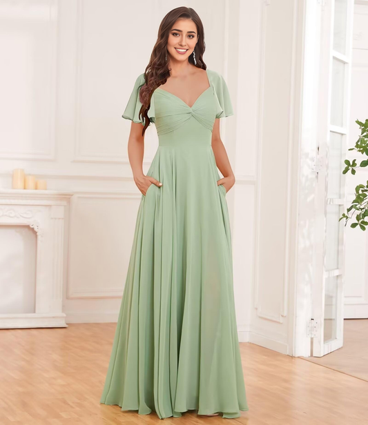 Formal Wear Dresses Bridesmaid Dresses V-Neck Chiffon Ruffles Side Fork Long Elegant Exquisite Wedding Guest Dresses