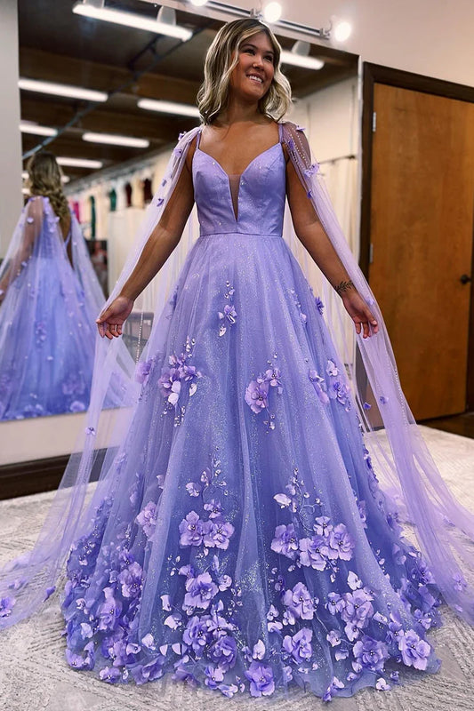 Prom Dress Lavender Floral Lace A-Line with Cape Sleeves A Line Sweetheart Tiered Tulle Long With Slit