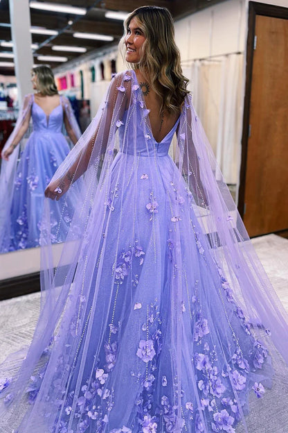 Prom Dress Lavender Floral Lace A-Line with Cape Sleeves A Line Sweetheart Tiered Tulle Long With Slit