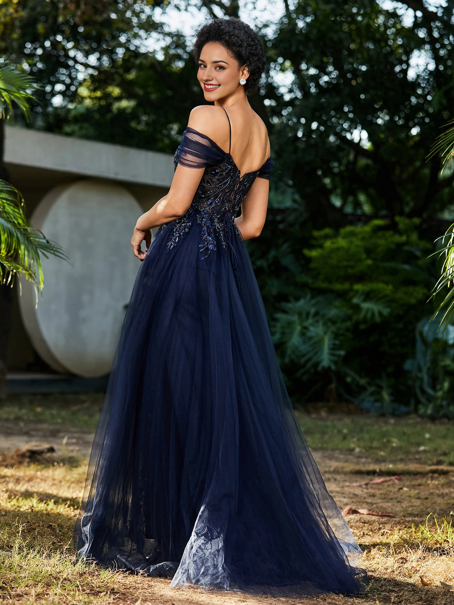 High Slit Prom Dress Lace Up Back Off Shoulder Tulle Gown Dress