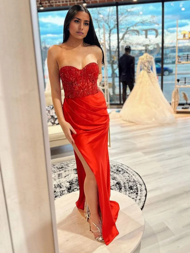 Prom Dress Sheath Strapless Sweetheart Long with Slit