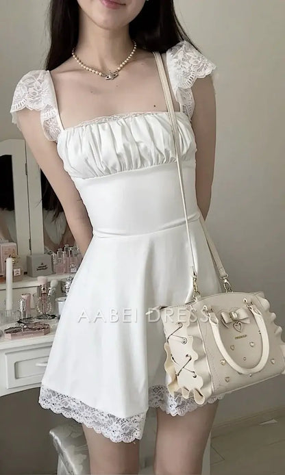 AABEI DRESS Short Party Dress A Line Square Neck Pleated Lace Splicing Fashion Homecoming Dress