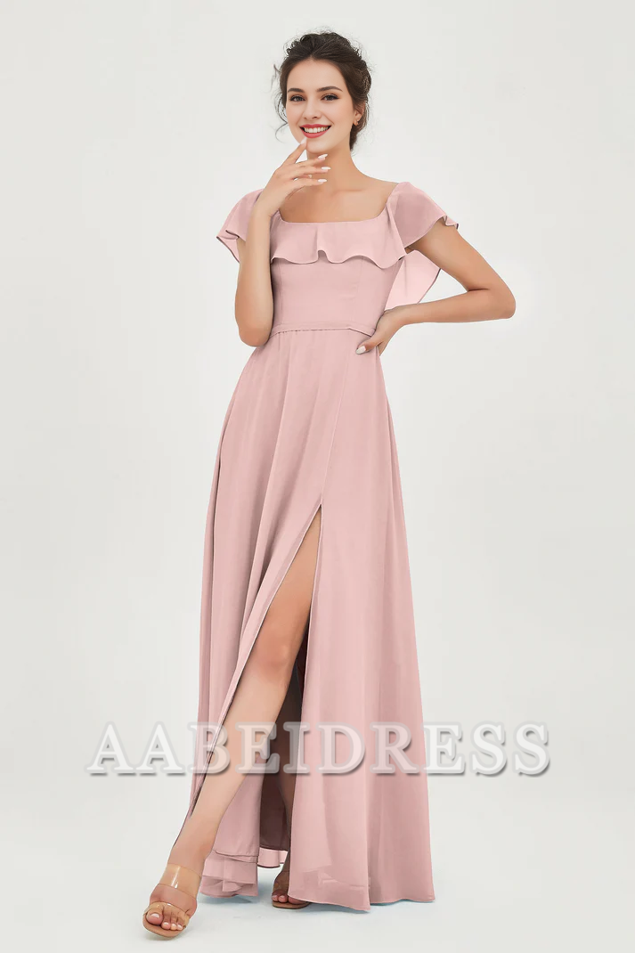 AABEI DRESS Bridesmaid Dresses Chiffon A-Line Square Neckline Flutter Sleeves Ruffle Side Fork Elegant Simple Wedding Guests Dresse