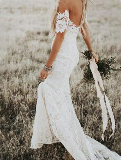 Beach Boho Wedding Dresses Chapel Train Mermaid / Trumpet Short Sleeve Off Shoulder Lace With Appliques Solid Color