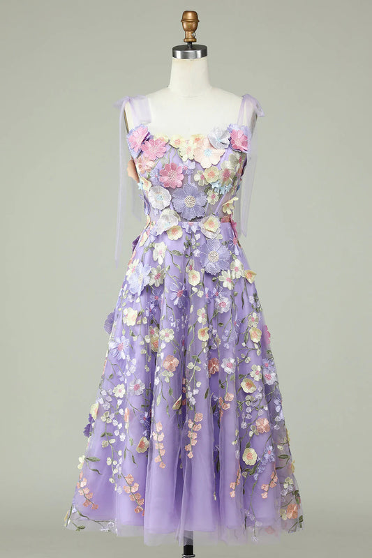 AABEI DRESS Hot Sale Prom Dress Exquisite A Line Spaghetti Straps Tea Length With 3D Flowers Long Party Dress