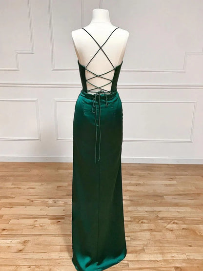 Fashion Sweetheart Neck Satin Long Split Fork Prom Dress Green Elegant Spaghetti Strap Backless Party dress