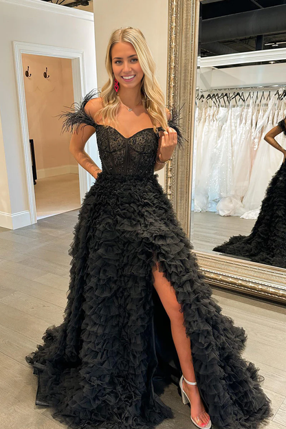 Prom Dress A Line Sweetheart Tiered Tulle Long With Slit