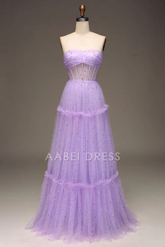 AABEI DRESS Hot Sale Prom Dress Fashion A Line Tulle Strapless Corset Ruched Sparkle Long Party Dress