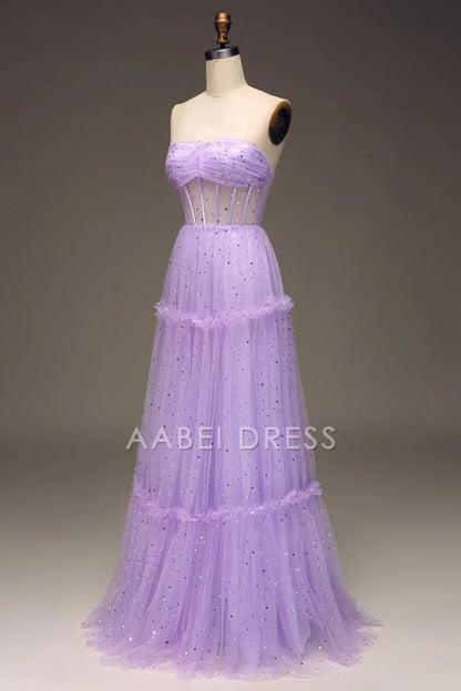 AABEI DRESS Hot Sale Prom Dress Fashion A Line Tulle Strapless Corset Ruched Sparkle Long Party Dress