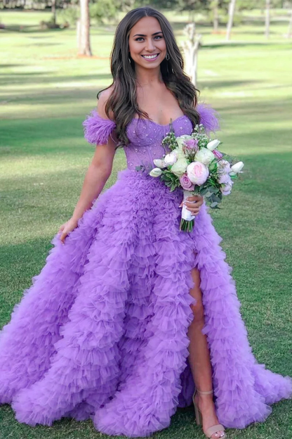 Prom Dress A Line Sweetheart Tiered Tulle Long With Slit