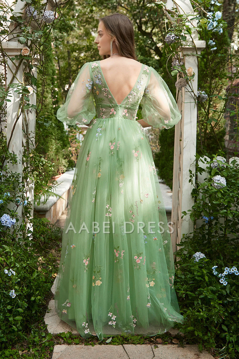 AABEI DRESS Hot Sale Prom Dress Elegant A-Line V-Neck Short Sleeves Embroidery Fantastic Long Party Dress