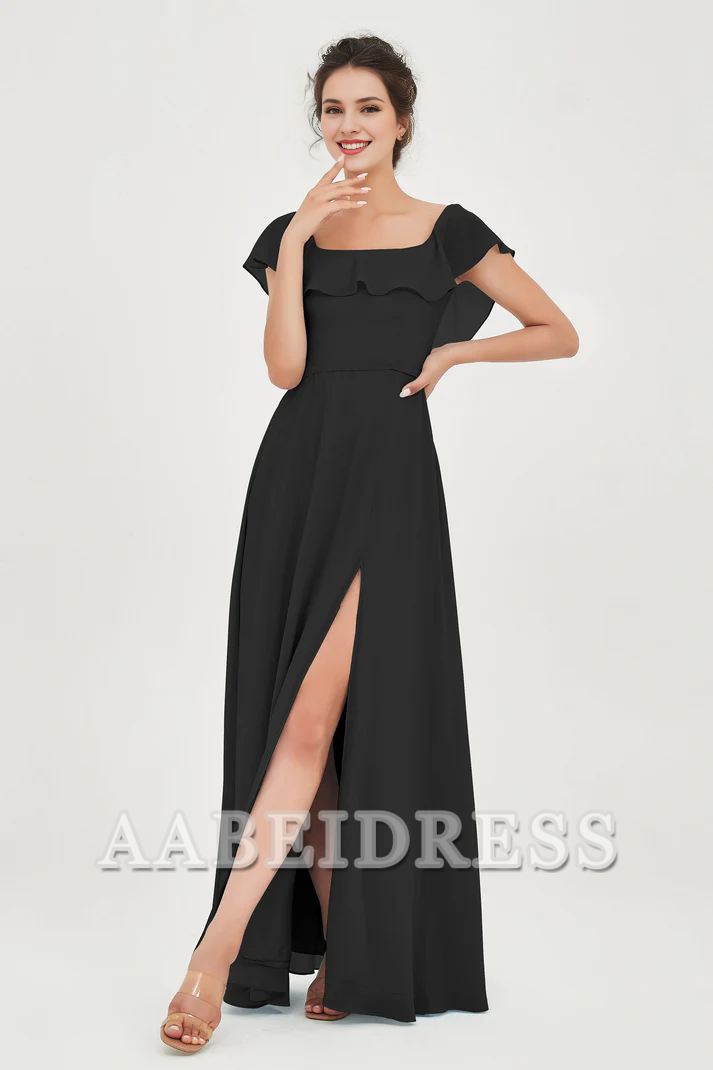 AABEI DRESS Bridesmaid Dresses Chiffon A-Line Square Neckline Flutter Sleeves Ruffle Side Fork Elegant Simple Wedding Guests Dresse