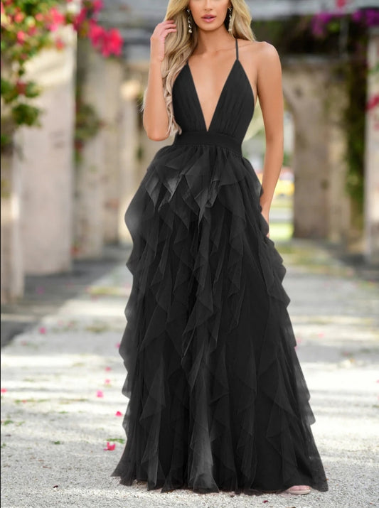 Evening Dress A-Line V-Neckline Airy Tiered Tulle Fabric Pleated Bust Adjustable Spaghetti Straps Black Formal Dress