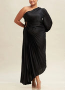 Evening Dress Single Shoulder Side Ruching Asymmetrical High-Low Hem plus size Black Formal Dress