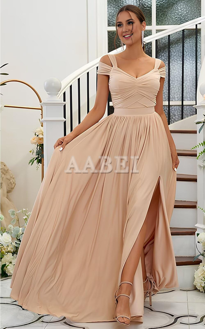 Formal Wear Dresses Bridesmaid Dresses Elegant A Line Off The Shoulder Pleated Side Fork Chiffon Wedding Guest Dresses