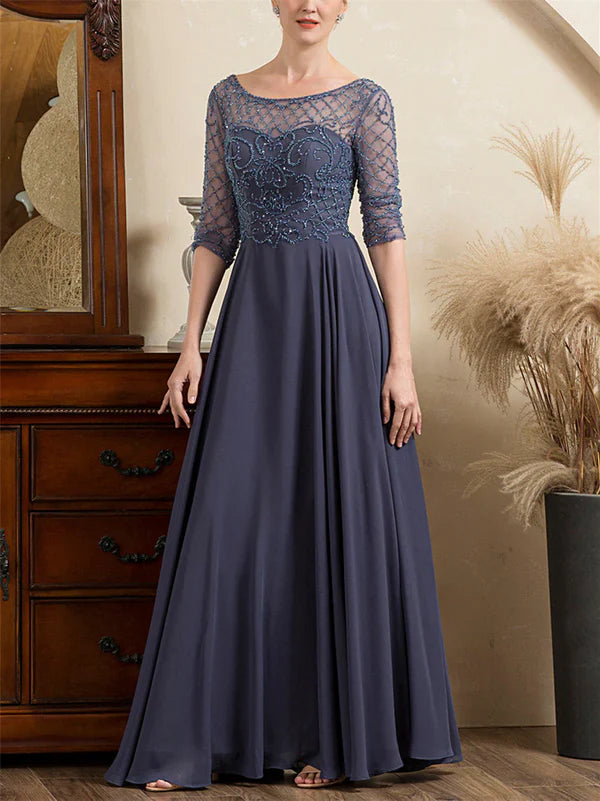 Mother Of The Bride Dresses A-Line Scoop Short Sleeves Floor-Length Beaded Dresses