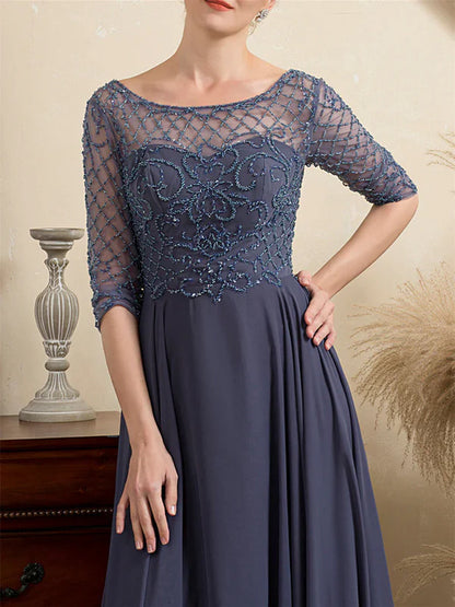 Mother Of The Bride Dresses A-Line Scoop Short Sleeves Floor-Length Beaded Dresses