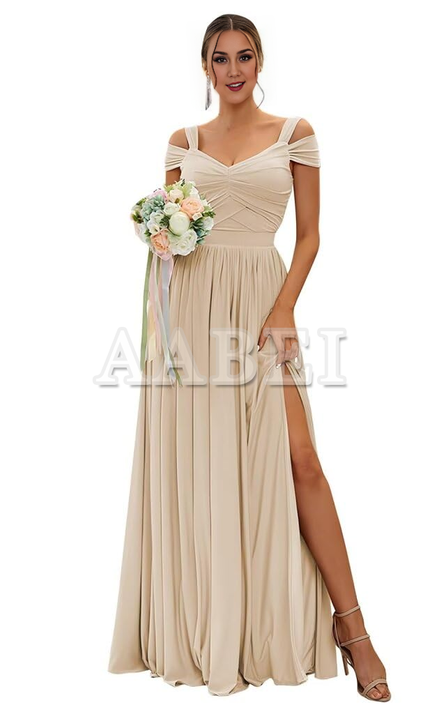 Formal Wear Dresses Bridesmaid Dresses Elegant A Line Off The Shoulder Pleated Side Fork Chiffon Wedding Guest Dresses