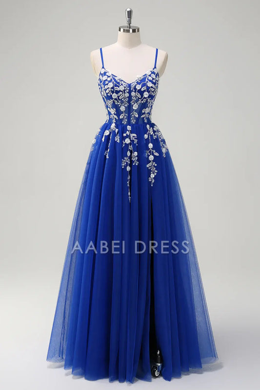 AABEI DRESS Hot Sale Prom Dress Exquisite A-Line Spaghetti Straps Floral Backless With Slit Youthful Long Party Dress