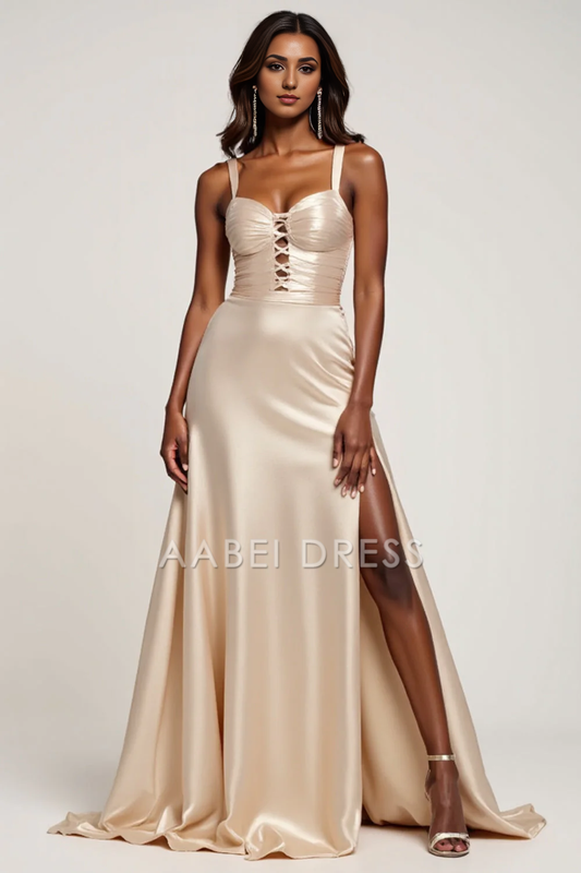 AABEI DRESS Hot Sale Prom Dress Charming A Line Spaghetti Strap Hollow Out Pleated Bodice Backless With Slit Fashion Long Formal Dress