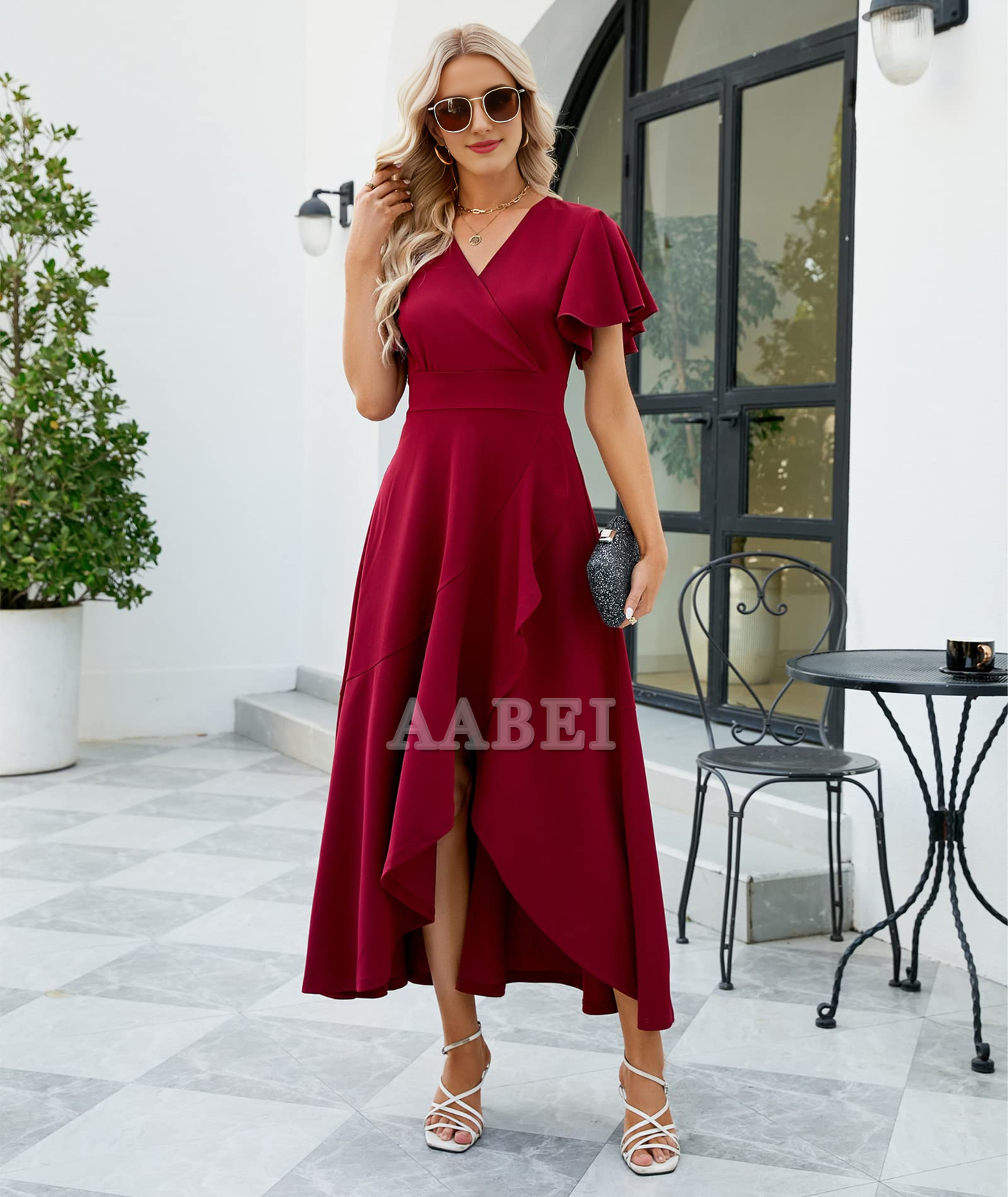 Bridesmaid Dresses Long Formal Dresses Evening Party Cocktail Dress Split Elegant V Neck Wrap Ruffle Wedding Guest Dresses
