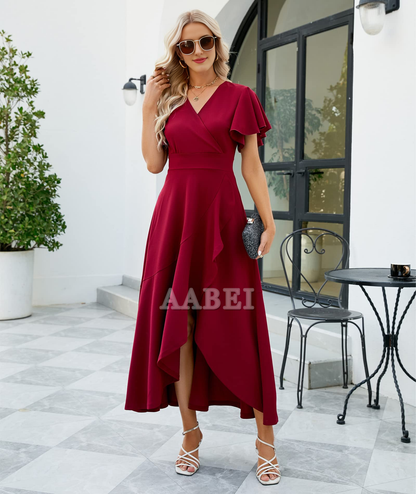 Bridesmaid Dresses Long Formal Dresses Evening Party Cocktail Dress Split Elegant V Neck Wrap Ruffle Wedding Guest Dresses