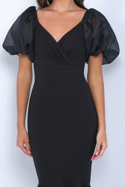 Evening Dress Mermaid V-Neckline Zip-up Back Charming Puff Sleeve Ruffled Hem Black Formal Dress