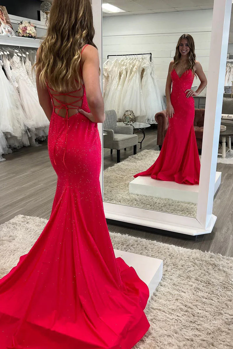 Prom Dress Sparkly Mermaid V Neck Beaded Satin Long