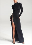 Evening Dress Stunning Long sleeves Gown Rhinestone Detailing Criss-Cross Pattern From Neck Down To The Thigh Black Formal Dress