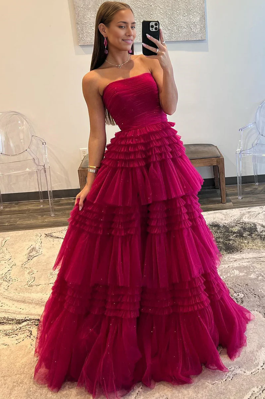 Prom Dress A-Line Strapless Tulle Long with Tiered Ruffles