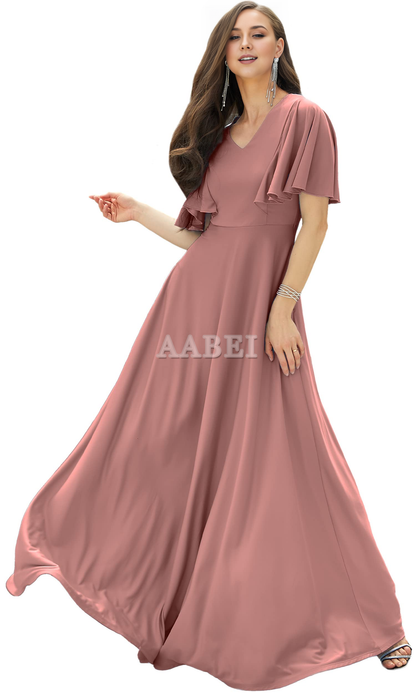 Formal Wear Dresses Bridesmaid Dresses A Line V Neck Flutter Sleeve Long Elegant Wedding Guest Dresses