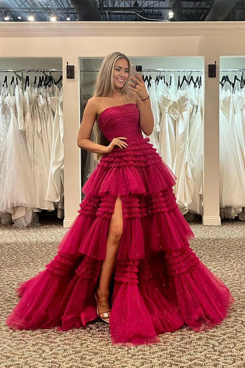 Prom Dress A-Line Strapless Tulle Long with Tiered Ruffles