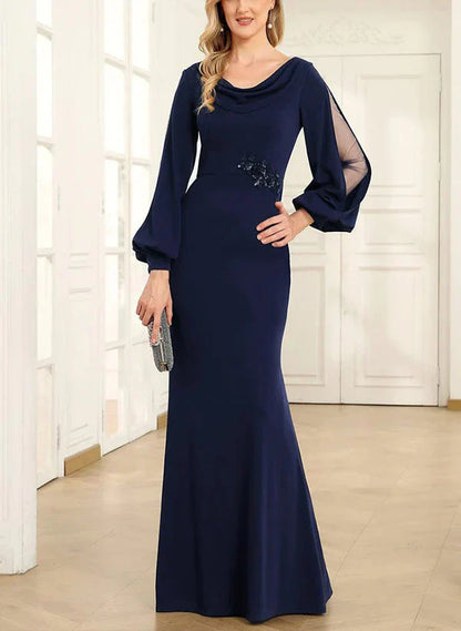 Mother Of The Bride Dresses Sheath Cowl Neck Long Sleeves Floor-Length