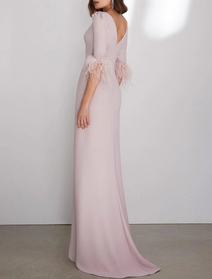 Gown Elegant Wedding Guest Formal Floor Length 3/4 Length Sleeve Jewel Neck Stretch Crepe with Feather Evening Dress