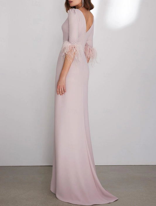 Gown Elegant Wedding Guest Formal Floor Length 3/4 Length Sleeve Jewel Neck Stretch Crepe with Feather Evening Dress